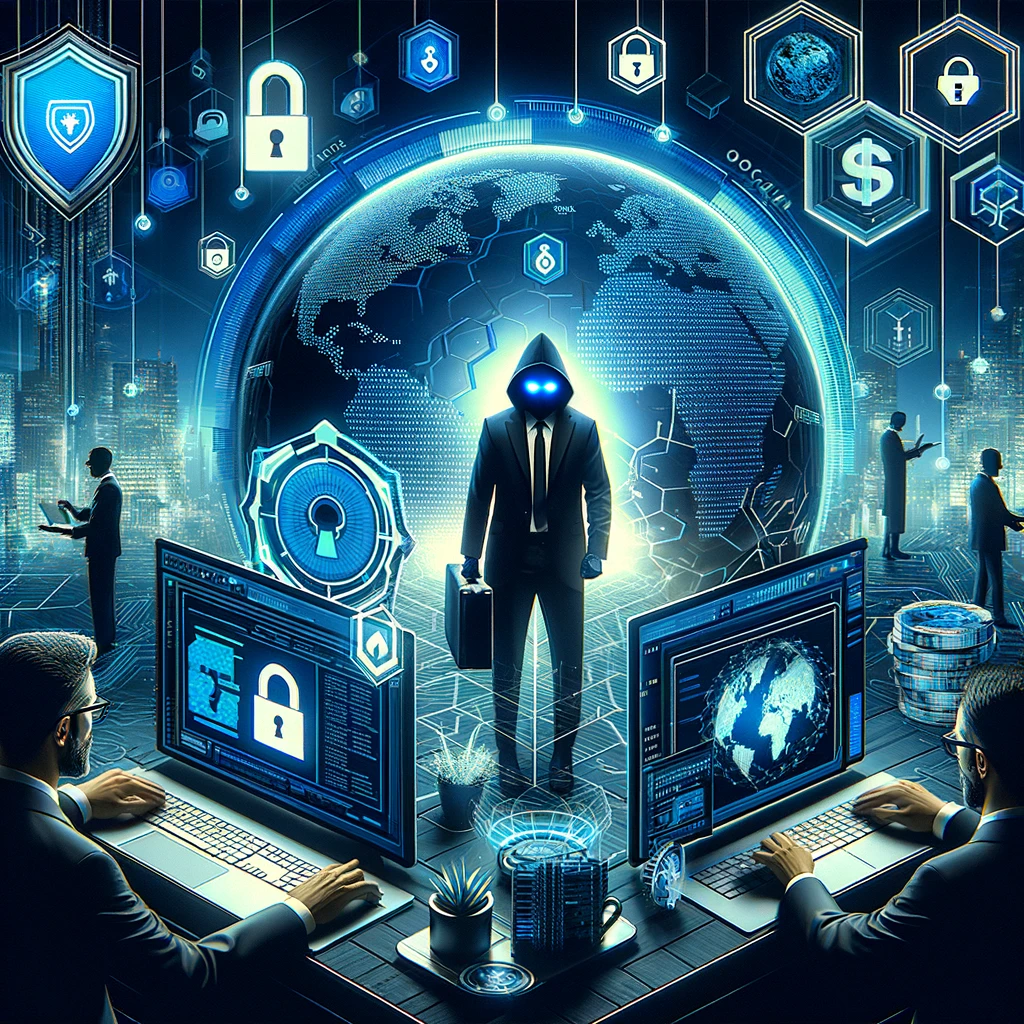 A cybersecurity team monitors threats in a high-tech trading environment, underscored by digital locks and global finance symbols.